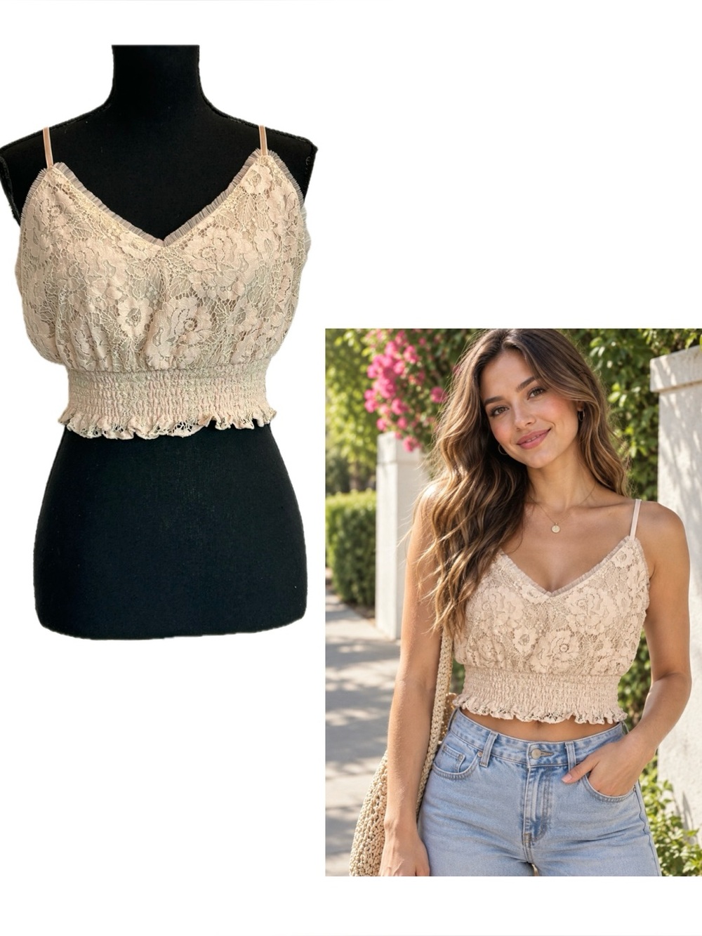 Forever 21 Blush Pink Floral Lace Smocked Crop Camisole Top Size Large